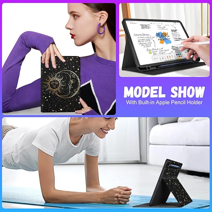for Samsung Galaxy Tab S9 Plus Case 12.4 Inch 2023 for Women Girls Cute Folio Cover with Pencil Holder Aesthetic Design Girly Kawaii Sun Moon Stars Tablet Case