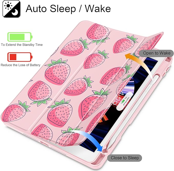 for iPad 9th Generation with Pencil Holder iPad 8th/7th Gen Case 10.2-inch [Built in Pencil Holder] Trifold Stand Auto Wake/Sleep Clear TPU Protection Back Cover Strawberries