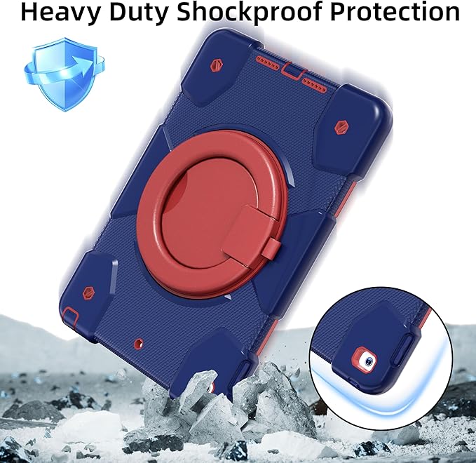 Case for iPad 9th/8th/7th Generation 10.2 inch Shockproof Cover with Screen Protector/360° Rotate Stand/Pencil Holder/Shoulder Strap Kids Case for iPad 2021/2020/2019 (Navy+Red)