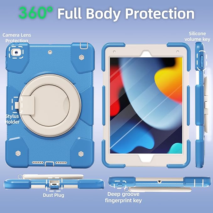 Case for iPad 9th/8th/7th Generation 10.2 inch Shockproof Cover with Screen Protector/360° Rotate Stand/Pencil Holder/Shoulder Strap Kids Case for iPad 2021/2020/2019 (Blue+White)