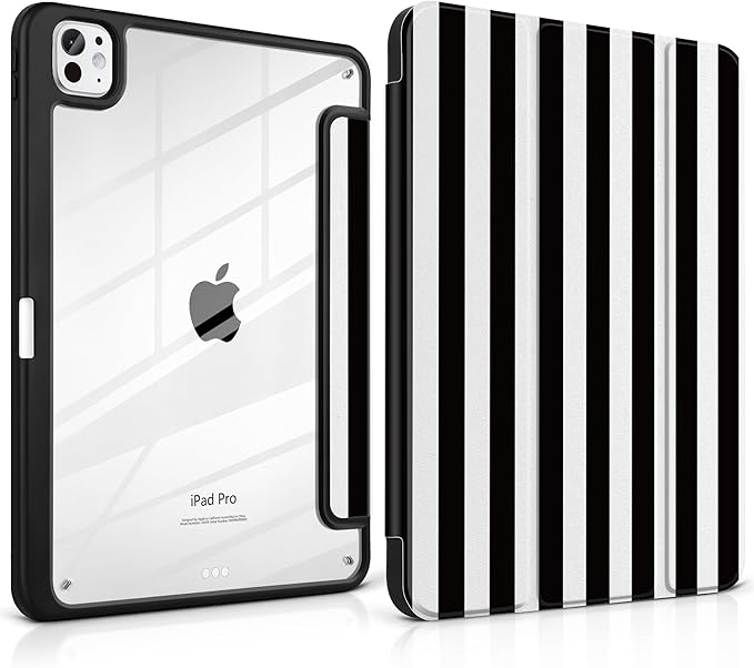 DONGKE for iPad Pro 11-Inch Case (M5 2025 / M4 2024) 6th/5th Generation [Auto Sleep/Wake &amp Pencil Pro Holder] Clear Acrylic Back Smart Trifold Stand Cover Black Stripes