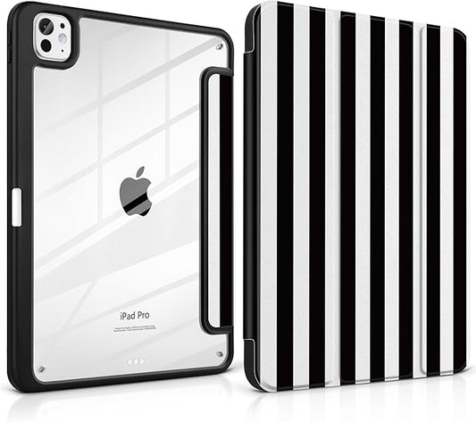 DONGKE for iPad Pro 11-Inch Case (M5 2025 / M4 2024) 6th/5th Generation [Auto Sleep/Wake &amp Pencil Pro Holder] Clear Acrylic Back Smart Trifold Stand Cover Black Stripes