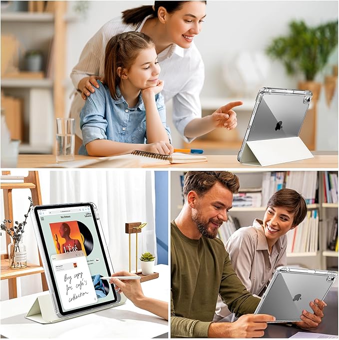 kenke Hybrid Case for iPad Air 11 Inch (M3) 2025 / (M2) 2024 iPad Air 5th/4th Gen 2022/2020 10.9 Inch with Pencil Holder Detachable Cover with Clear Hard Back Shell Auto Sleep/Wake Cream White