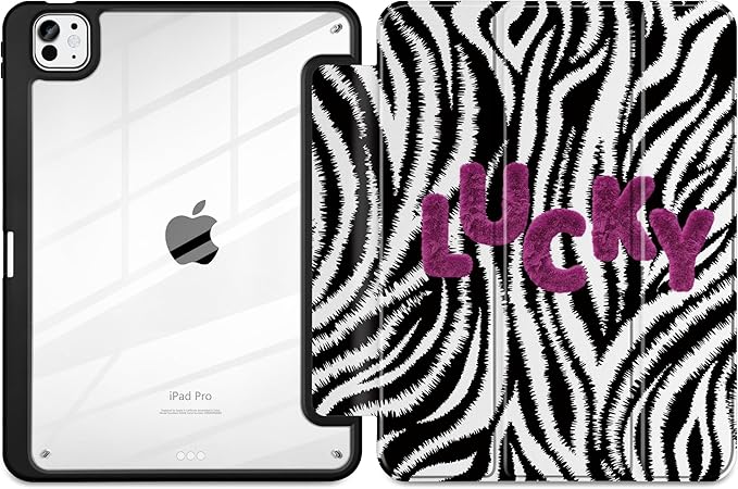 TWOLSKOO Case for iPad Pro 11-inch (M5 2025 / M4 2024) Clear Acrylic Back with TPU Bumper Pencil Holder Trifold Stand Auto Sleep/Wake Zebra Stripes