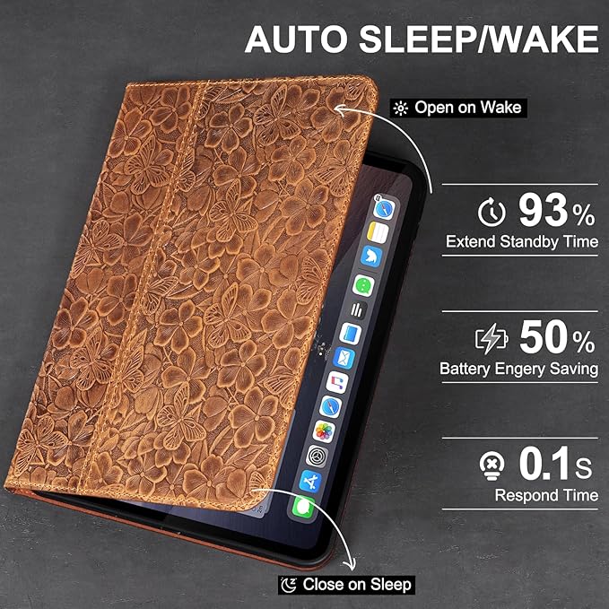 Leather Case for iPad Air 11 Inch M3 2025/ M2 2024iPad Air 10.9 Inch Case 5th/4th Gen. 2022/2020 Full Grain Leather CoverProtective Smart Folio with Auto Sleep/Wake Brown Flower