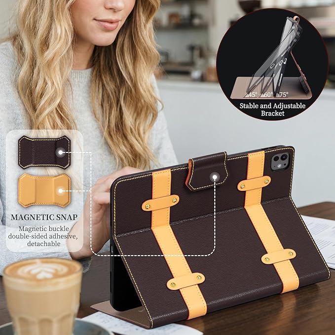 iPad Case for iPad Pro 13 Inch (M5/M4) 2025/2024Leather Folio Cover with Pencil HolderAuto Wake/Sleep Adjustable StandDetachable Magnetic Closure Protection Case-Multiple Straps Dark Brown