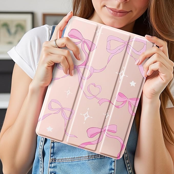 Idocolors Case for iPad 11 inch (A16 Chip) 2025 Generation 11th / iPad 10.9 inch 2022 10th Gen Built-in Pencil Holder with Soft TPU Shockproof Back Shell Auto Wake/Sleep Pink Ribbon Bow-Pink