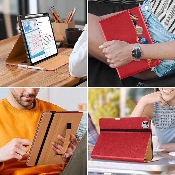 DTTO for iPad Pro 13 inch Case (M5/M4) 2025/2024 Premium Leather Business Folio Stand Cover with Pencil Holder - Auto Wake/Sleep &amp Multiple Viewing Angles Built in Hand Strap &amp Pocket Red