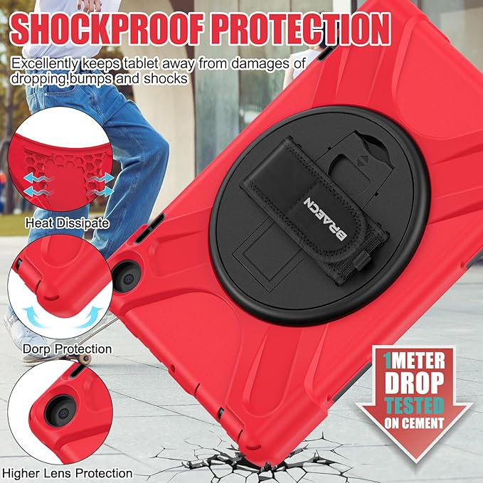 BRAECNstock for Amazon Fire HD 8 Tablet Case 12th Generation 2024/2022 8 inch with Rotating Hand Strap + Stand Shoulder Strap Pen Holder Shockproof Protective Kindle Fire HD 8 12th Gen Kids Case - Red