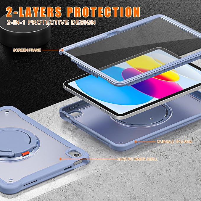 Batianda Ultimate Protective Case for New iPad 11th Generation 11 inch 2025 A16 Chip Sturdy Rugged Shockproof Silicone Tablet Cover with 360° Rotatable Ring Kickstand &amp Pencil Holder Lavender Gre
