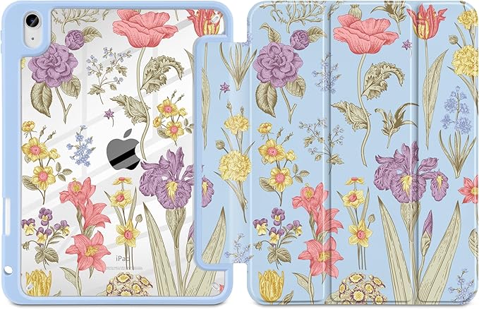 DONGKE Case for iPad (A16) 11th Generation 11 inch 2025 &amp iPad 10th Gen 10.9 inch 2022 [Built-in Pencil Holder] Clear Acrylic Back Trifold Stand Smart Cover Auto Sleep/Wake Blue Botanical Flora