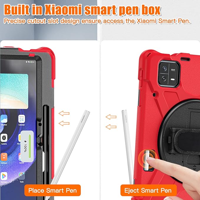 for Xiaomi Mi Pad 6/ Mi Pad 6 Pro Case MiPad 6/ Pad 6 Pro Shockproof Case 11 360 Rotate Stand Hand Strap Shoulder Strap Pencil Holder Protective Cover Tablet for Men Women Kids Red