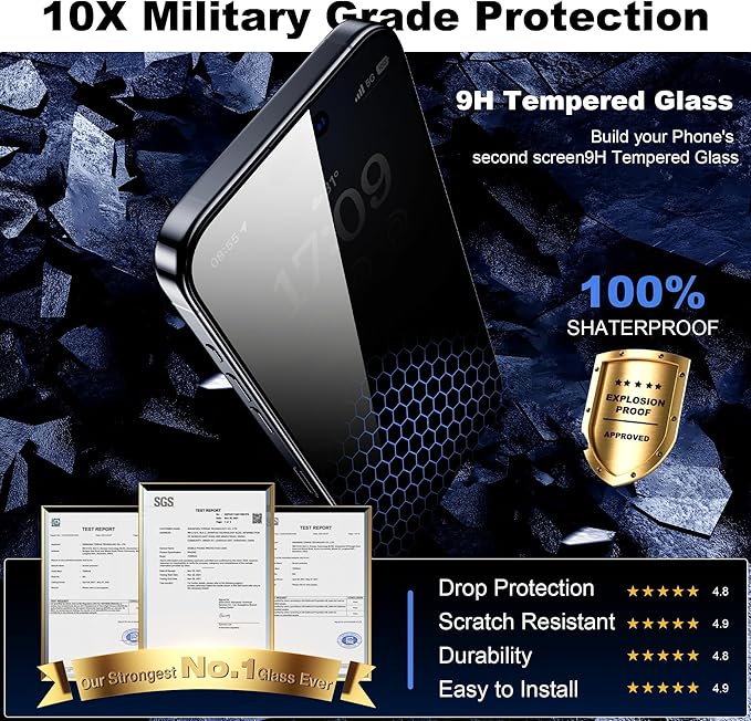 WSKEN for iPhone 15 Pro Max Privacy Screen Protector [Auto-Dust Removal] Full Coverage Screen 2.5D Edge 28 Degree 10s HD Tempered Glass Film with Dust Clean Installing House 2023 5G 6.7inch - 4 Pack