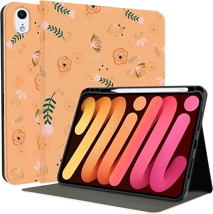 MAYCARI Fall Orange Leaves Flowers iPad Case for iPad mini 6 2021 8.3 Inch with Pencil Holder Handmade iPad mini 6th Generation Case Autumn Fine Grained iPad Protecitve Hard Case with Auto Wake/Sleep