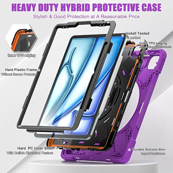 for iPad Air 13-inch M2 (2024) A2898/A2899 for iPad Pro 12.9 Rugged Case Portable Heavy Duty Shock-Proof Armor Cover with Swivel Kickstand/Hand Grip Shoulder Strap Pencil Holder (Purple)