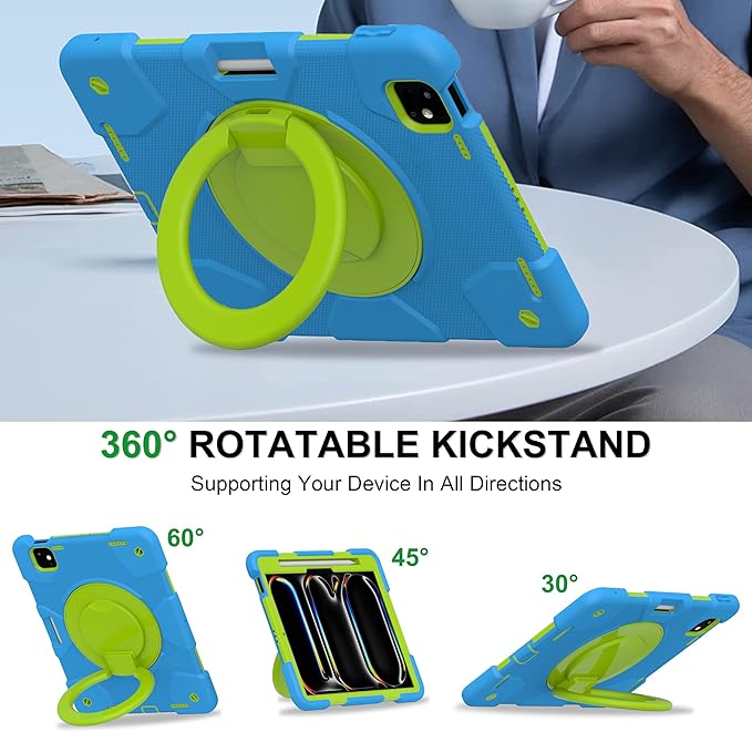 Case for iPad Pro 11 Inch M4 2024/M5 2025 Case Heavy Duty Shockproof Cover with Screen Protector/360° Rotate Stand/Shoulder Strap/Pencil Holde (Blue+Green iPad Pro M4/M5 11 inch)