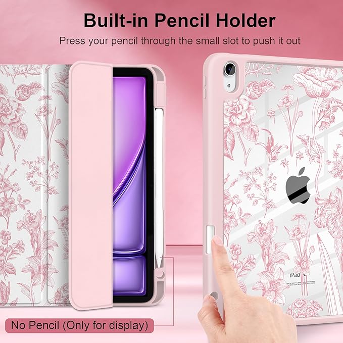 DONGKE Case for iPad Air 11-inch M4 2026 &amp M3 2025 &amp M2 2024 iPad Air 5th/4th Generation 10.9 2022/2020 [Built-in Pencil Holder] Clear Acrylic Back Trifold Stand Smart Cover Pink Florals