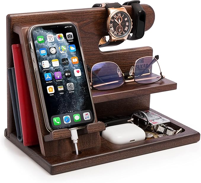 TESLYAR Wood Phone Docking Station for Men - Desktop or Nightstand Organizer - Birthday Gifts for Men Dad - Anniversary Idea from Wife - Key Holder Stand Wallet Watch &amp Essentials (Bourbon Brow