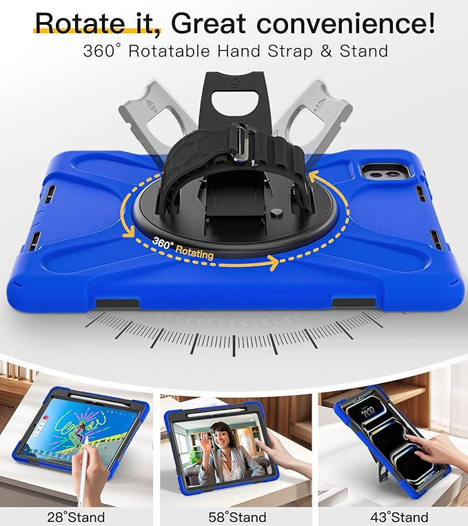 BRAECN Case for iPad Pro 11 inch M5 2025 &amp M4 2024 4 Layers Heavy Duty Full-Body Protection Screen Protector Pencil Holder 360° Rotating Handle Kickstand Shoulder Strap Kids Friendly