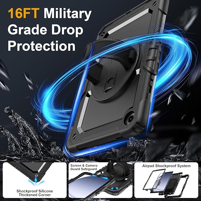 Case for Samsung Galaxy Tab A9+/A9 Plus 11 Inch 2023(SM-X210/X216/X218) Ubearkk Full-Body Drop Protection Case with Screen Protector 360° Rotating Stand and Hand/Shoulder Strap Black