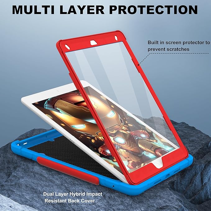 Case for iPad 9th/8th/7th Generation 10.2 inch Heavy Shockproof Cover with Screen Protector/180° Rotating Handle/Bracket/Pen Holder/Shoulder Strap Kids Case for 2021/2020/2019 (D-Blue+Red)