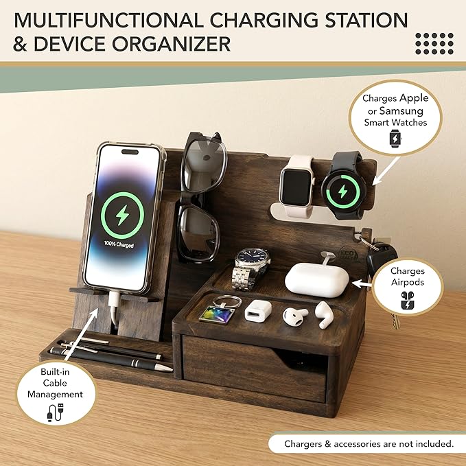 Nightstand Organizer- Phone Docking Station for Men- Unique Gifts for Husband Father or Dad from Wife Son or Daughter- Desk Organizer for Cellphone Watches Wallet and Key (Rustic)