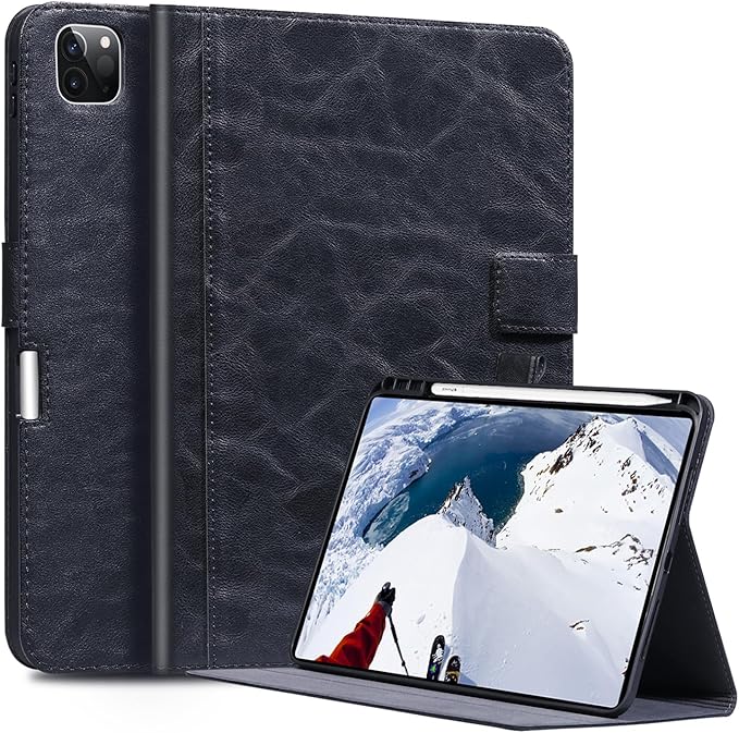 Genuine Leather Case for iPad Pro 13 Inch M5 2025/M4 2024 with Pencil HolderProtective Shockproof Premium Leather Smart Folio Cover Adjustable Stand Auto Sleep/Wake Anti-Slip Black