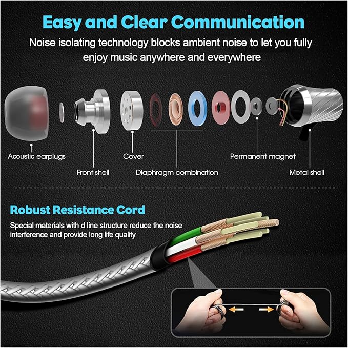 Wired Earbuds with Microphone Super Bass Sound Noise Isolation Lightweight Cable Headphones for Running Office Travel Gaming Durable and Tangle-Free Ear Buds Earphones with 3.5mm Jack