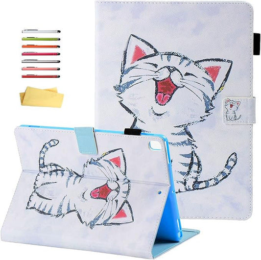 Kindle Fire HD 10 Tablet Case 9th and 7th Generation with Pencil Cards Holder UUcovers Smart Folio Stand Synthetic Leather Cover [Auto Wake/Sleep] for Amazon Fire HD 10.1 Inch 2019/2017 Cute Cat