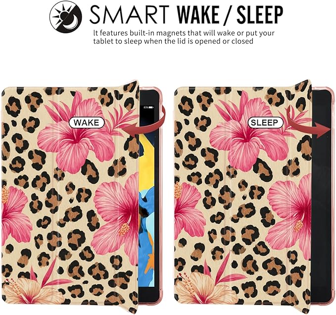 JOYLAND for iPad Air 5th/4th Generation 10.9 Inch 2022/2020 with Pencil Holder-Auto Wake/SleepLeopard Print&ampFlower Anti-Scratch Shockproof Premium Folio Stand CasePink