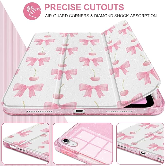 MEEgoodo Case for iPad A16 11th Generation 2025/10th Generation 2022 Glitter Tablet Cases with Transparent Acrylic Back+Trifold Stand +Pencil Holder+Auto Wake/SleepCherry &amp Pink Bows