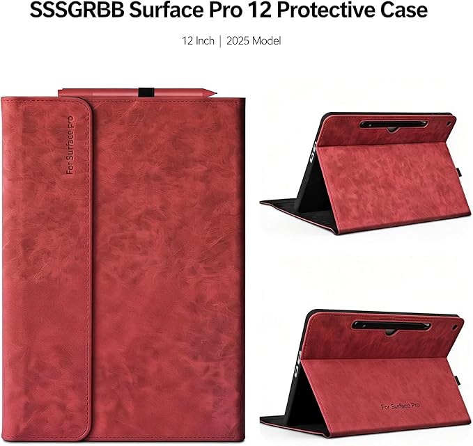 Professional Multi-Angle Tablet Case for Microsoft Surface Pro 12 2025 | PU Leather &amp Hard Shell Protective (Red 12 Pro)