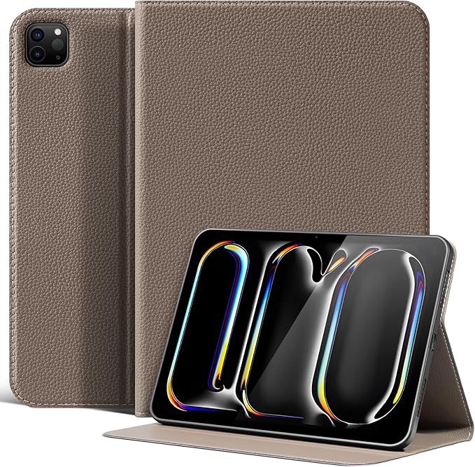 Premium Microfiber Leather Case for iPad Pro 11 Inch (M4/M5) 2024/2025Auto Wake/Sleep Multiple Viewing Angles Shockproof Protective Stand CaseGray Brown
