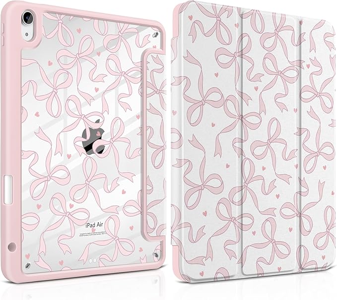 TWOLSKOO Case for iPad Air 11-inch (M4 2026 / M3 2025 / M2 2024) Clear Acrylic Back with TPU Bumper Pencil Holder Trifold Stand Auto Sleep/Wake Pink Bows