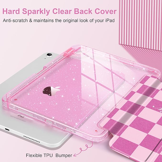 DONGKE for iPad Pro 11 inch Case – Fits M5 2025 / M4 2024 Shockproof Sparkling Glitter Acrylic Back Pencil Holder Trifold Stand Auto Sleep/Wake &amp Touch ID Support - Pink Checkerboard