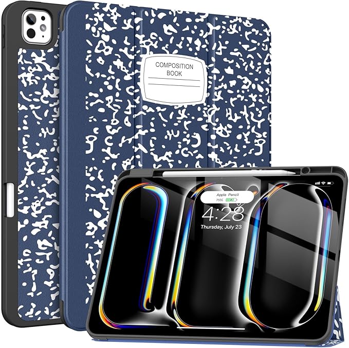 Soke Case for New iPad Pro 13 Inch (M5/M4 2025/2024 Release) with Pencil Holder Trifold Stand Shockproof [Support Apple Pencil Charging + Auto Wake/Sleep] Soft TPU Back Cover Book Navy