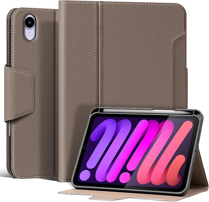 for iPad mini 7 (A17 Pro) 2024 iPad mini 6th Generation 2021 with Pencil HolderSmart Leather Cover with Buckle Protective Auto Wake/Sleep Adjustable Stand Multiple View AnglesGray Brown