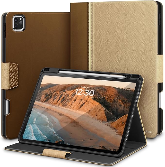 KingBlanc for iPad Pro 12.9 Case 6th/5th/4th/3rd Generation (2022/2021/2020) with Pencil Holder PU Leather Smart Stand Cover Auto Sleep/Wake Apple Pencil2 Charging Multi-Angle for Typing Beige