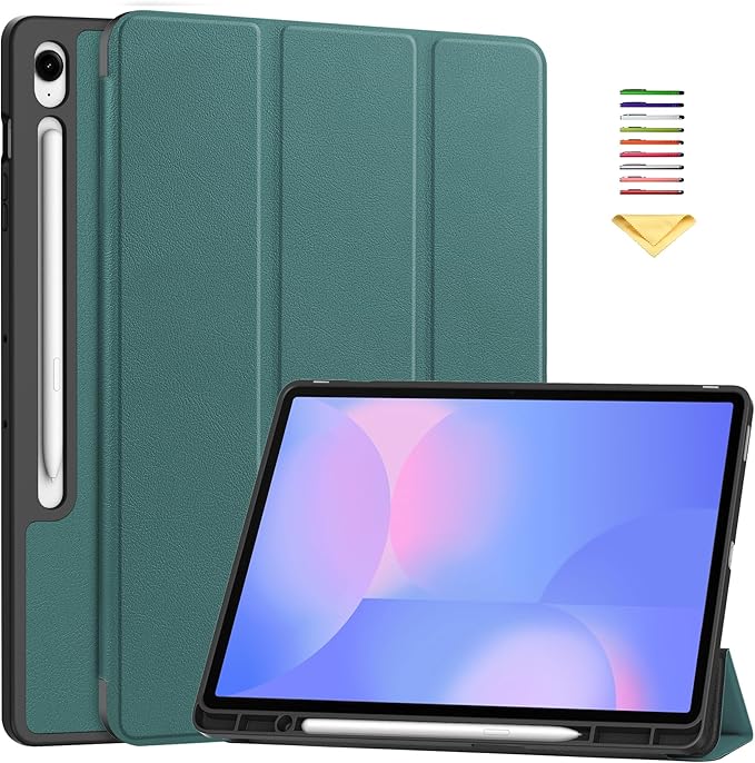 Case for Samsumg Galaxy Tab S10 FE+/S10 FE Plus 13.1 Inch 2025 (Model: SM-X620/SM-X626B) Trifold Stand Cover with S Pen Holder [Auto Wake/Sleep] PU Leather + Soft TPU Bumper Shell DarkGreen