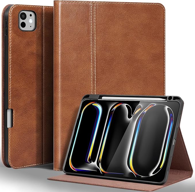 Gexmil Genuine Leather Case for iPad Pro 11 Inch (M5/M4) 2025/2024 with Pencil HolderProtective Shockproof Leather Smart Folio Cover Adjustable Stand Auto Sleep/Wake Anti-SlipVegetable Tanned Brown