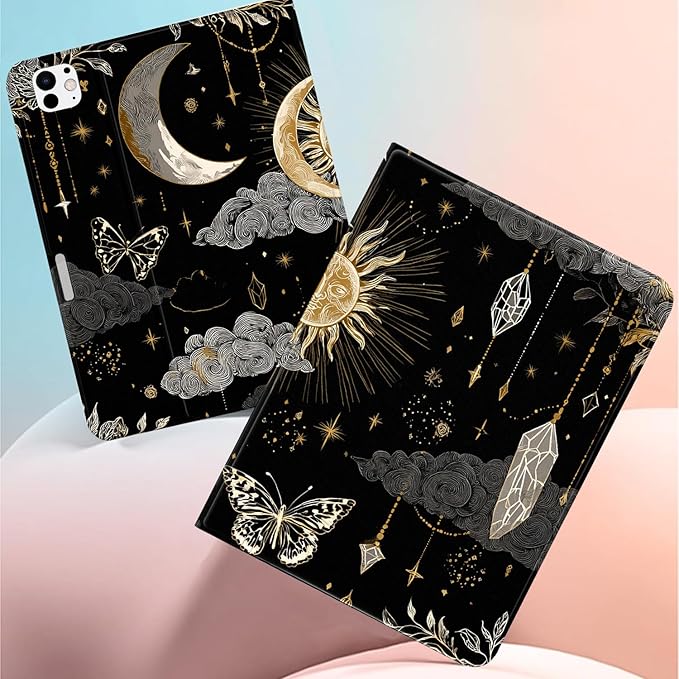 Cute Case for iPad Pro 11 Inch 2022/2021/2020/2018Dreamy Moon Stars Textured Folio Case with Pencil Holder Multi-Angle View Adjustable Stand Auto Wake/Sleep for Women