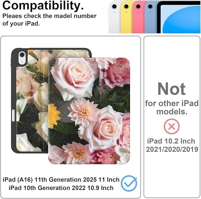 Supveco Case for iPad (A16) 11th Generation 11 inch (2025)iPad 10th Generation 10.9 inch (2022) with Pencil Holder-[Auto Wake/Sleep]Premium Folio Stand Case with Soft TPU Back Cover-Pink Rose