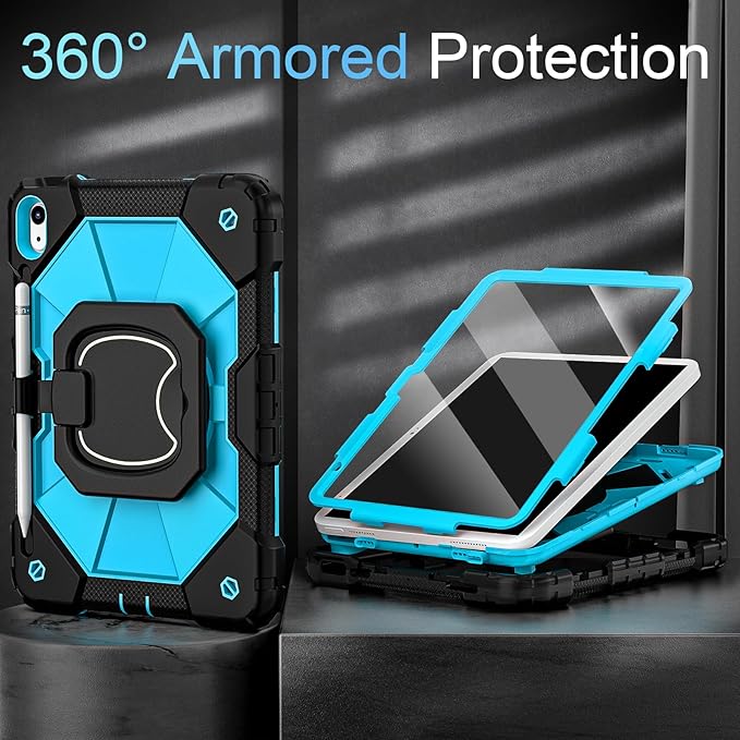 Case for iPad (A16)11th /10th Generation 11/10.9 Inch 2025/2022 with Screen Protector Rotating Stand Shoulder Strap Pencil HolderMilitary Grade Shockproof iPad Case 10th GenerationBlack Blue