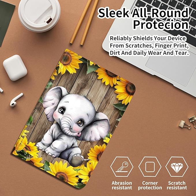 Case for iPad Air 11 (M3 2025 / M2 2024)/ iPad Air 6th/5th/4th Gen Case (2025/2024/2022/2020) 10.9 Inch PU Leather Smart Protective Cover with Auto Sleep/WakeSunflowers Wooden Elephant