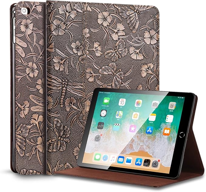 Gexmil Case for iPad 9.7 Inch6th/5th Generation(2018/2017)-iPad Air 2/1 Gen. Genuine Leather Cover Anti Fingerprint/SlipCowhide Folio Cover Auto Sleep/Wake with Adjustable StandButterfly Pattern
