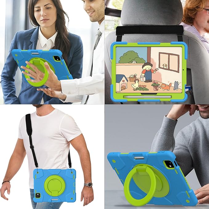 Case for iPad Pro 11 Inch M4 2024/M5 2025 Case Heavy Duty Shockproof Cover with Screen Protector/360° Rotate Stand/Shoulder Strap/Pencil Holde (Blue+Green iPad Pro M4/M5 11 inch)