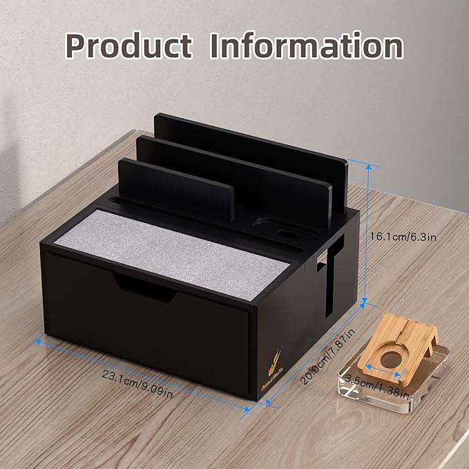 Pezin &amp Hulin Bamboo Charging Station for Multi Device with Power Charger &amp Cables Nightstand Docking Station with Lined Tray &amp Drawer Compatible with Tablet Cell Phones-Black