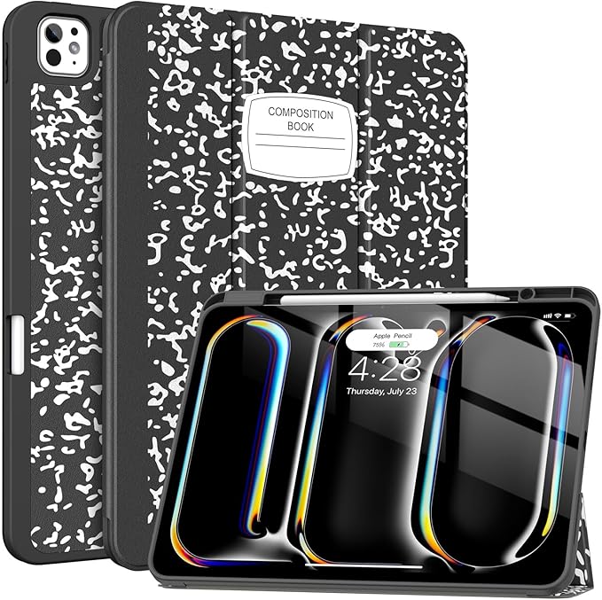 Soke Case for New iPad Pro 13 Inch (M5/M4 2025/2024 Release) with Pencil Holder Trifold Stand Shockproof [Support Apple Pencil Charging + Auto Wake/Sleep] Soft TPU Back Cover Book Black