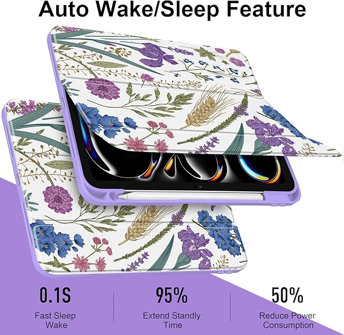 DONGKE for iPad Pro 11-Inch Case (M5 2025 / M4 2024) 6th/5th Generation [Auto Sleep/Wake &amp Pencil Pro Holder] Clear Acrylic Back Smart Trifold Stand Cover Purple Botanical Wildflower