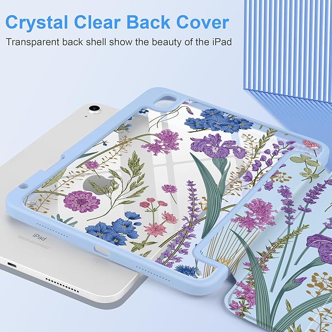 DONGKE Case for iPad (A16) 11th Generation 11 inch 2025 &amp iPad 10th Gen 10.9 inch 2022 [Built-in Pencil Holder] Clear Acrylic Back Trifold Stand Smart Cover Auto Sleep/Wake Blue Wildflower